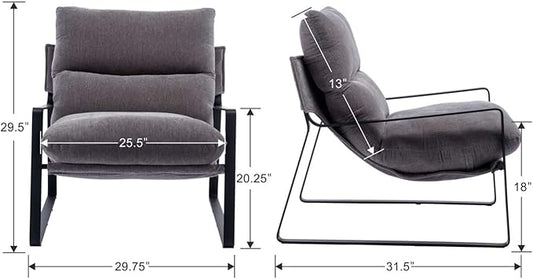 Mid-Century Accent Chair, Comfy Linen Fabric Side Chair with Armrest, Upholstered Leisure Chair with Black Metal Frame for Living Room Bedroom Reception Room, Grey