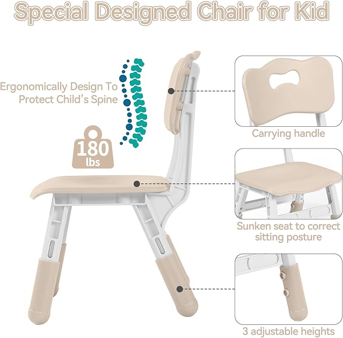 Kids Table and 2 Chairs Set, Height-Adjustable Toddler Table and Chairs Set with Graffiti Desktop, 23.6''L x 23.6''W Children Activity Table for Daycare, Classroom, Home, Burlywood-w