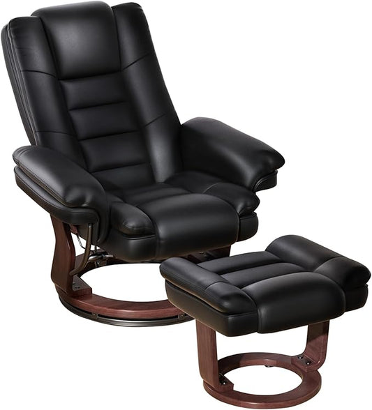 Swivel Recliner Chair with Ottoman, Adjustable PU Leather Recliner with Wood Base, Thick Padded Cushion, Modern Reclining Chair & Ottoman Set for Living Room, Bedroom, Office, Small Spaces (Black)