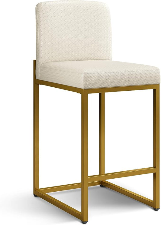 ALPHA HOME 24 Inch Bar Stools, Kitchen Counter Stools with Backs, PU Leather Barstools, White Bar Stools with Upholstered Footrest, Sturdy Chromed Metal Steel Frame, Off-White