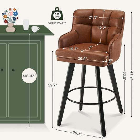 360°Swivel Counter Height Bar Stools with Back, 30 inch Solid Wood Legs, Bar Stool Modern Kitchen Island Chairs, Faux Leather (Brown- Faux Leather, 30" H- Set of 4)