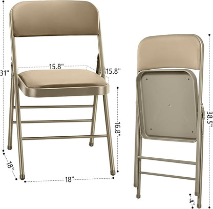 cyclone sound 2 Pack Folding Chairs with PU Padded Cushion and Back, Commercial Grade Metal Chairs with Comfortable PU Leather Cushion for Home and Office, for Indoor and Outdoor Events (2, Beige-PU)
