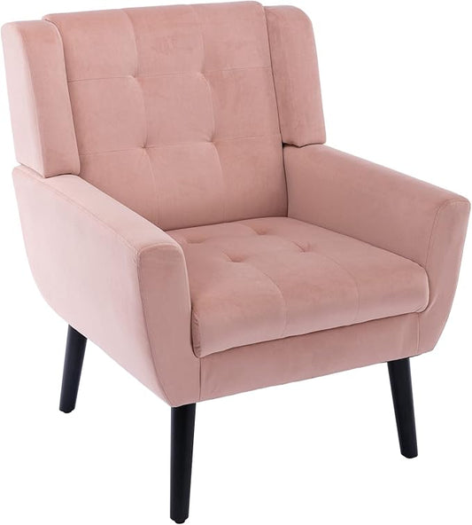 Dolonm Midcentury Modern Velvet Accent Chair with Arms, Upholstered Reading Side Chair Tufted Back Decorative Wingback Chair for Living Room Bedroom (Pink)