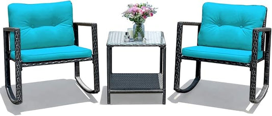 COSTWAY 3 Pieces Patio Rattan Rocking Chair Set, Outdoor Conversation Furniture Sets with Coffee Table, Storage Shelf and Cushions, Modern Bistro Set for Porch, Backyard, Garden, Turquoise
