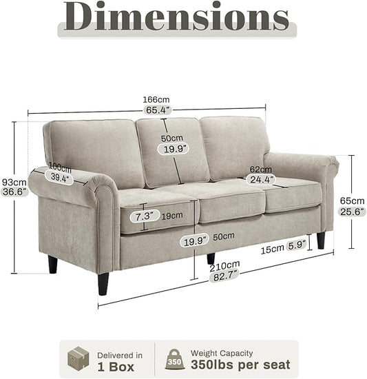 Kingfun 3 Seater Couch, Mid Century Modern Sofa with Rolled Arms and Deep Seats, Fluffy Comfort for Living Room, Apartment, Easy Assembly, Khaki