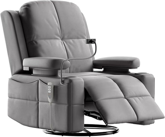 MAMAZING Triple Motor Power Swivel Rocker Recliner Chair with Adjustable Armrests for Adults, FSC Certified Faux Leather Rocking Chair Nursery for Breastfeeding, Dark Gray