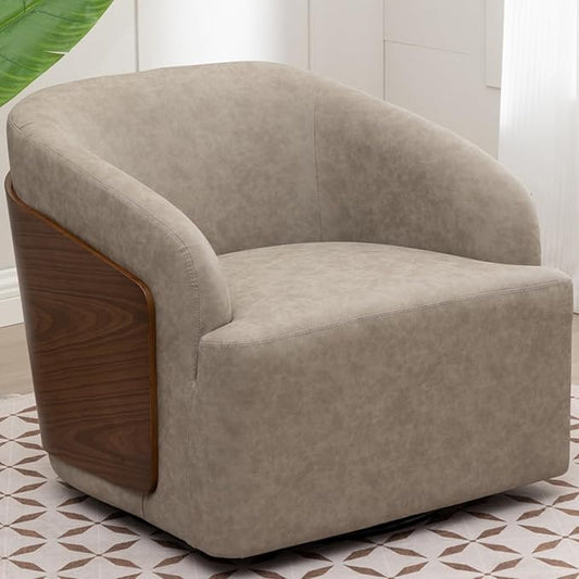 Swivel Accent Chair Faux Leather Boucle Swivel Barrel Chair Comfortable Mid Century Modern Chair Upholstered Metal Base Armchair for Living Room Bedroom Office Large Vintage Gray