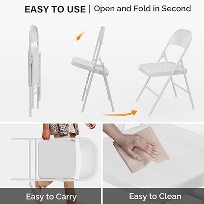 VINGLI Folding Chairs All Steel Metal Frame, Capacity 350 lbs, Durable Portable and Versatile for Indoor Outdoor Use, White, Set of 4