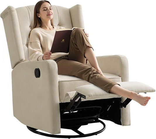 ABAKAN Swivel Rocker Recliner Chair, 360 Degree Nursery Rocking Recliner, Linen Glider Chair with Button Tufted Wingback Chair, for Living Room, Bedroom,Ash Beige