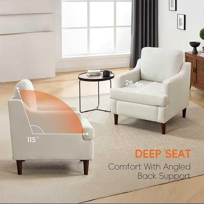 Mid-Century Accent Chair Modern Linen Fabric Armchair for Living Room,Deep Seat Comfy Upholstered Reading Chairs for Bedroom,Single Sofa Chair with Wood Legs (Linen Beige, Set of 2)