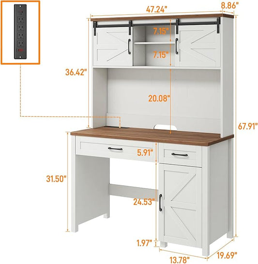 Farmhouse 47" Executive Computer Desk with 2 Drawers and Storage Cabinet, Home Office Desk with Hutch and Charging Station, Workspace for Work and Study (White&Brown).