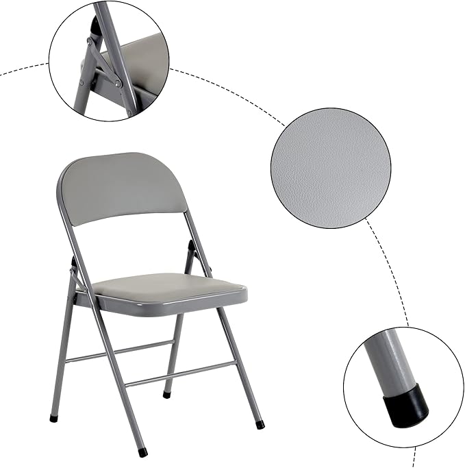 4PCS Elegant Folding Metal Chairs with Padded Seats,Potable Iron & PVC Durable Chairs for Convention & Exhibition Easy to take fit for Any Occasions 330lbs Capacity (Grey, 4 PCS)