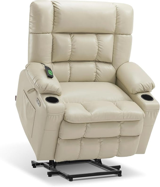 MCombo Dual Motor Power Lift Recliner Chair for Elderly, Lay Flat Lift Chair with Heat and Massage, Extra Wide Lift Recliner for Big People, Cup Holders, Faux Leather R7897 (Cream White, Medium-Wide)