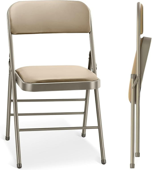 cyclone sound 2 Pack Folding Chairs with PU Padded Cushion and Back, Commercial Grade Metal Chairs with Comfortable PU Leather Cushion for Home and Office, for Indoor and Outdoor Events (2, Beige-PU)