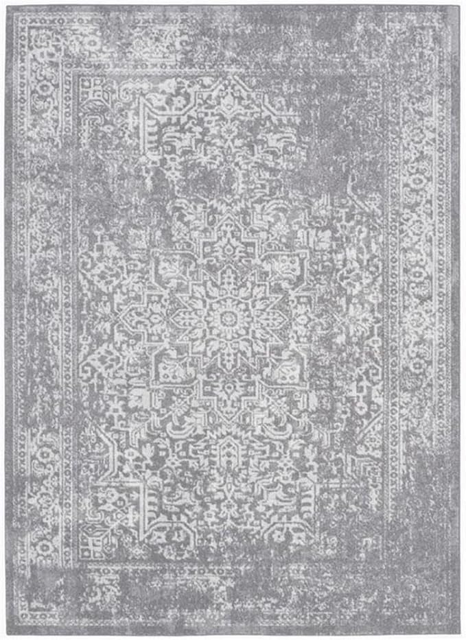 SAFAVIEH Evoke Collection Area Rug - 6'7" Square, Silver & Ivory, Distressed Design, Non-Shedding & Easy to Clean, Ideal for Living Room, Bedroom, Dining Space (EVK256S)
