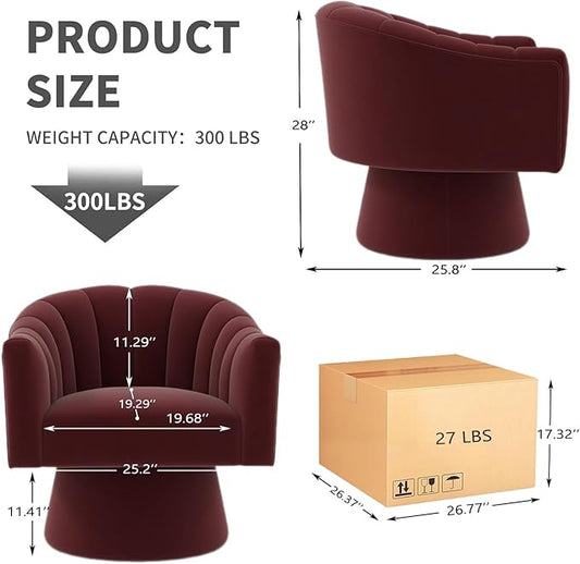 Swivel Accent Chair,Upholstered Velvet 360° Swivel Barrel Chair for Living Room Overstuffed Bouncle Reading Chair Round Armchair for Bedroom,Vanity,Office(Red)