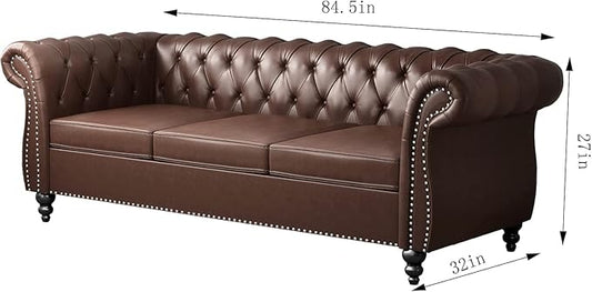 Chesterfield 3 Seater Sofa, Modern Leather Tufted Couch 3 Seater with Rolled Arms and Nailhead Mid-Century Upholstered Couch for Living Room, Bedroom, Apartment and Office, Brown