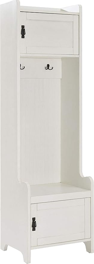 Crosley Furniture Fremont Hall Tree with Storage Cabinets and Coat Rack Hooks for Hanging, Distressed White