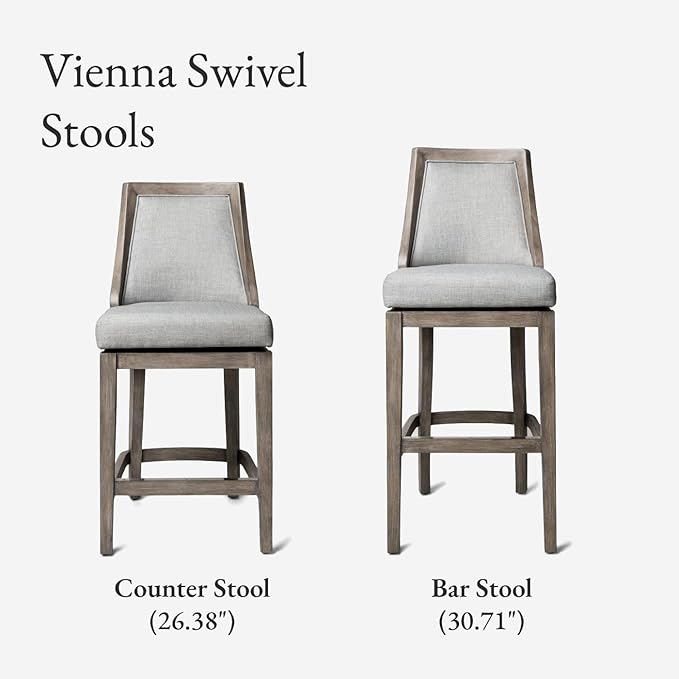 Maven Lane Vienna Counter Stool 26 Inches High – Swivel Stool with Footrest – Grey Solid Wood and Grey Fabric Upholstery – Perfect for Kitchen Islands and Counters