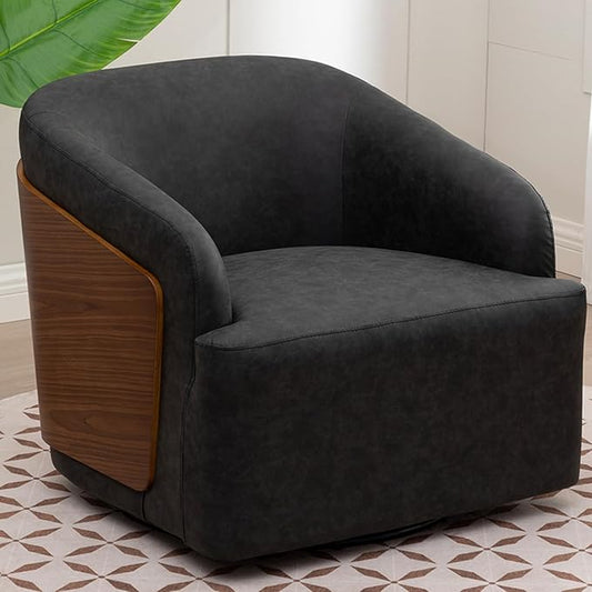 Swivel Accent Chair Faux Leather Swivel Barrel Chair Comfortable Mid Century Modern Chair Upholstered Metal Base Armchair for Living Room Bedroom Office Large Vintage Black