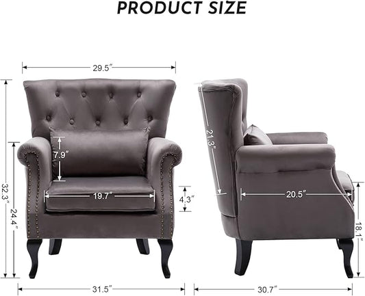 Accent Reading Arm Chairs for Living Room Bedroom, Midcentury Modern Comfy Corner Sofa Chair, Wingback Waiting Room Club Chair with Button Tufted Back &Lumbar Pillow, Velvet Grey