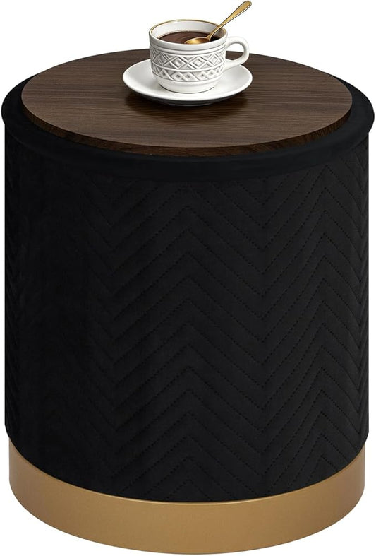 B FSOBEIIALEO Ottoman with Stroage, Round Velvet Storage Ottoman with Gold Plating Base,Foot Rest Stool for Dorm Room, Living Room Black, 14.76"x14.76"x16.35"