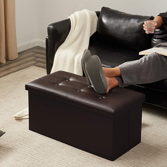 YOUDENOVA 30 inches Folding Storage Ottoman, 85L Storage Ottoman Bench for Living Bedroom and Hallway, Faux Leather Brown Footrest with Foam Padded Seat, Brown