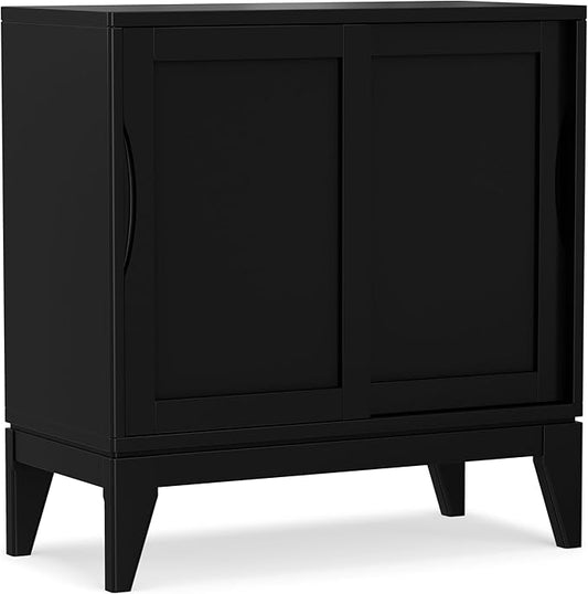 SIMPLIHOME Harper Storage Cabinet - 30 inch Wide Solid Hardwood 2-Shelf Low Console Cabinet in Black, Mid-Century Modern Cupboard for Living Room with Sliding Doors and Adjustable Shelves