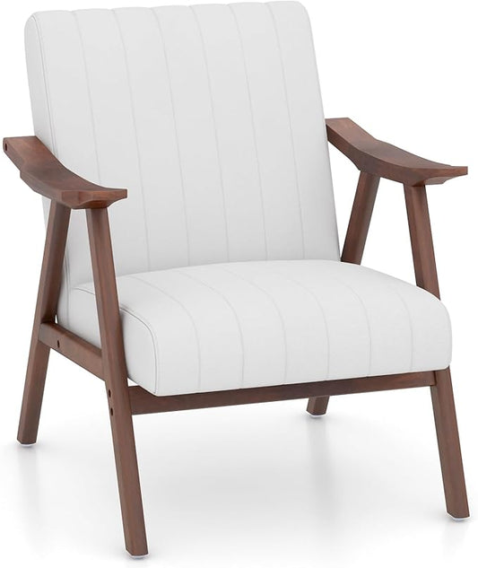 Giantex Mid-Century Modern Accent Chair, Upholstered Comfy Living Room Chair with Arms, Anti-Slip Felt Pads, Wooden Frame Soft Padded Armchair for Living Room Bedroom Office Study, Beige