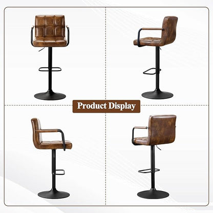 Furniliving Swivel Bar Stools Set of 4, Adjustable Kitchen Counter Height BarStools with Arms, PU Leather Upholstered Bar Chair with Back and Footrest for Dining Room, Kitchen, Pub, Bar (Yellowbrown)
