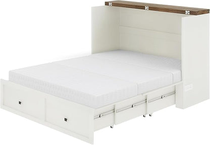Full Murphy Bed with 6" Tri-Fold Memory Foam Mattress, Storage Drawer & Charging Station, Space-Saving Design for Home Office or Guest Room, White