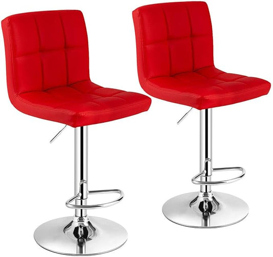 COSTWAY Bar Stools Set of 2, Modern Swivel Adjustable Height PU Leather Barstools with Back, Square Armless Counter Height 2-Pack Bar Chair for Kitchen Island Dining Living Bistro Pub Counter, Red