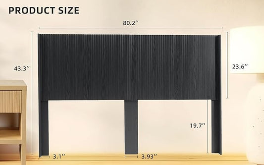 KEIKI Wooden King Size Headboard Only, 80.2" Wide Farmhouse Headboards with Wall Mounted Fluted Panel & Wingback for Bedroom, Black Oak