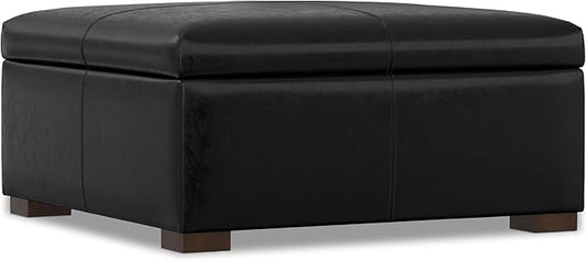 SIMPLIHOME Gabbie 36 inch Wide Contemporary Square Square Coffee Table Storage Ottoman in Midnight Black PU Black Faux Leather, Assembled, for The Living Room, Entryway and Family Room