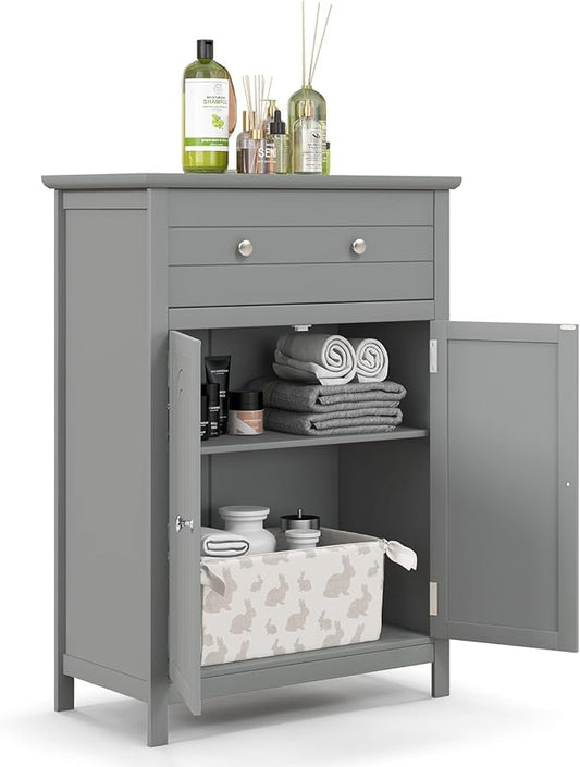 COSTWAY Bathroom Floor Cabinet, Wooden Side Storage Organizer w/Larger Drawer, Adjustable Shelf & 2-Door Cupboard, Freestanding Storage Cabinet for Living Room, Kitchen, Entryway (Grey)