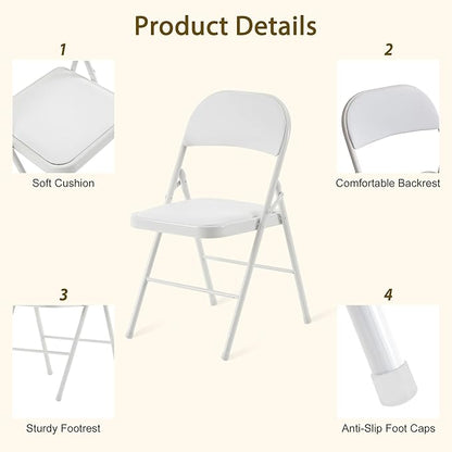 Folding Chairs 50 Pack with Padded Cushion and Back, White Portable Heavy Duty Metal Frame Commercial Seat with 330-LBS Capacity for Indoor Outdoor Office Party Events Kitchen Wedding