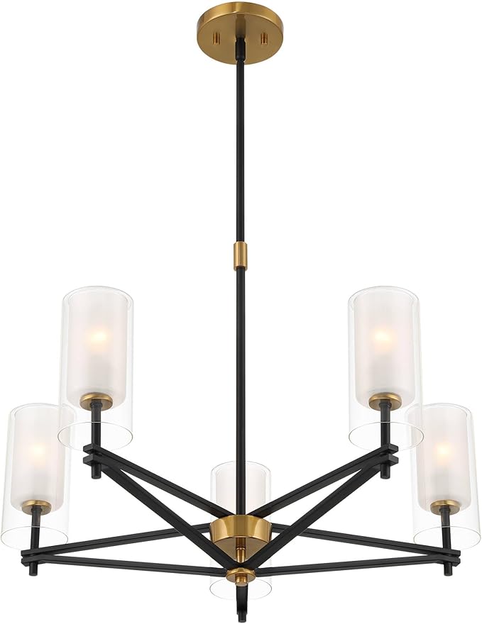 Possini Euro Design Nyack 25" Modern Pendant Chandelier Ceiling Light Fixture Dining Room Over Table Kitchen Island Foyer Open Frame Hanging 5-Light Black Gold Finish White Glass Hallway Entryway