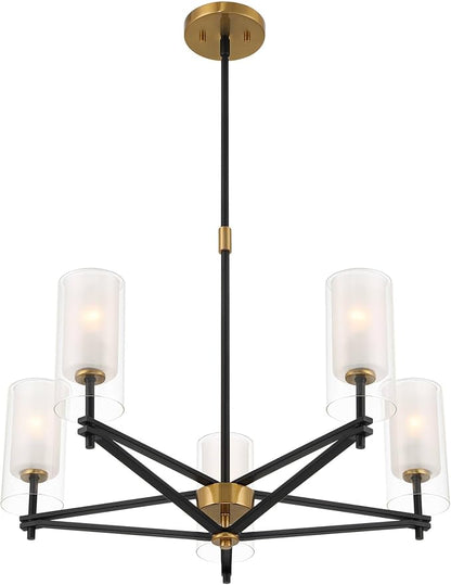 Possini Euro Design Nyack 25" Modern Pendant Chandelier Ceiling Light Fixture Dining Room Over Table Kitchen Island Foyer Open Frame Hanging 5-Light Black Gold Finish White Glass Hallway Entryway