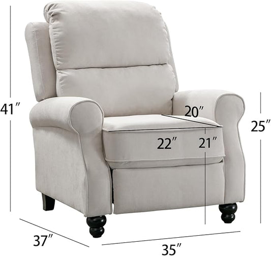 Push Back Recliner Chair, Fabric Armchair Overstuffed Pushback Recliner, Heavy Duty Single Sofa Chair with Padded Seat Solid Wood Legs for Living Room (White)