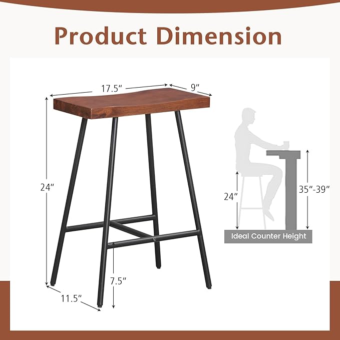 COSTWAY Industrial Bar Stools, 24-inch Backless Counter Height Saddle Stools with Footrest, Metal Legs, Adjustable Foot Pads, Barstools for Kitchen Island Cafe Restaurant, Walnut+Black (Set of 4)