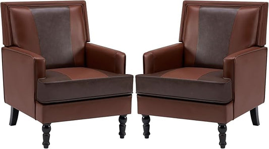 MOJAY Faux Leather Accent Chairs Set of 2, Mid-Century Modern Upholstered Lounge Armchair, Comfy Club Chair for Living Room, Bedroom, Study & Reception (Brown)