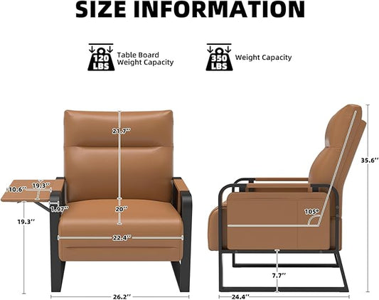 Upholstered Accent Chair, Modern Faux Leather Sofa Chair with Foldable Side Tray Table & Storage Pocket, Small Accent Sofa for Living Room, Bedroom, Reception Room, Brown