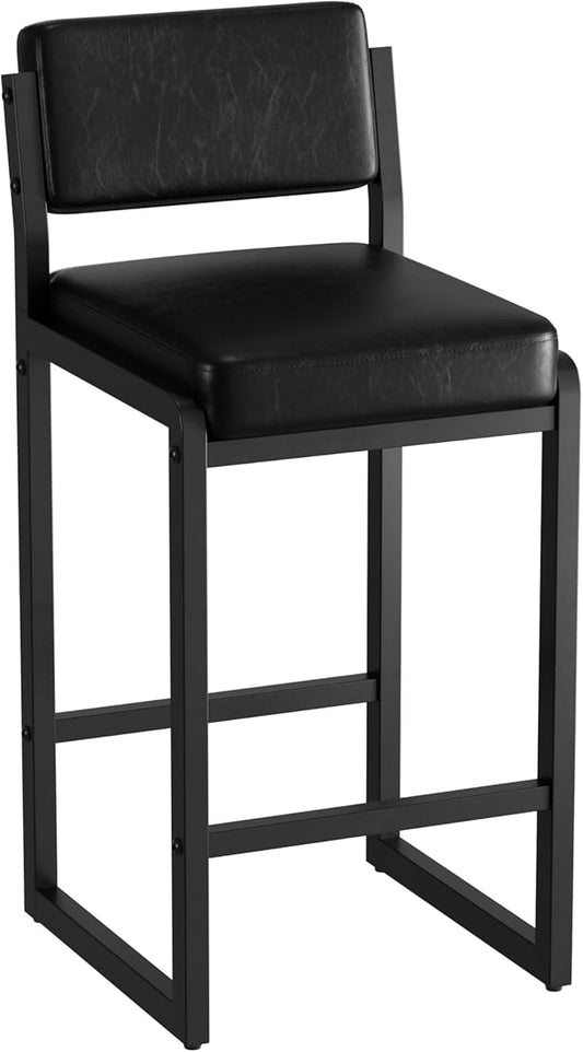 Bar Stools, Faux Leather Counter Height Bar Stools with High Back and Metal Legs, Upholstered Bar Chairs, 26" Modern Barstools for Kitchen Island, Black