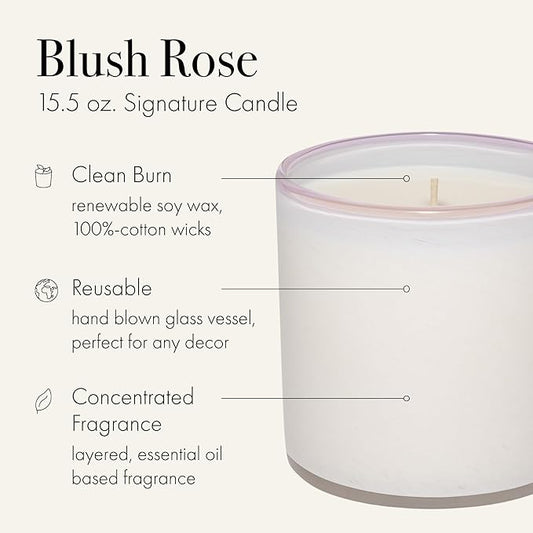 LAFCO New York Signature Candle, Blush Rose - 15.5 oz - 90-Hour Burn Time - Reusable, Hand Blown Glass Vessel - Made in The USA
