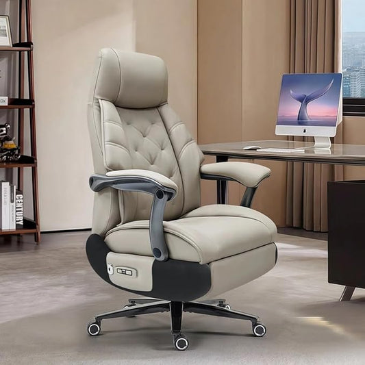 Kinnls Magnus Massage Office Chair with Ventilation and Heating,Leather Power Recliner Chair with Footrest,Big and Tall Ergonomic Comfy Home Office Desk Chairs High Back 500lbs (Light Gray)