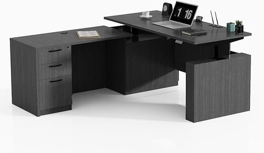 66.93'' Height Adjustable L-Shaped Executive Desk with Drawers and Shelves (Grey)