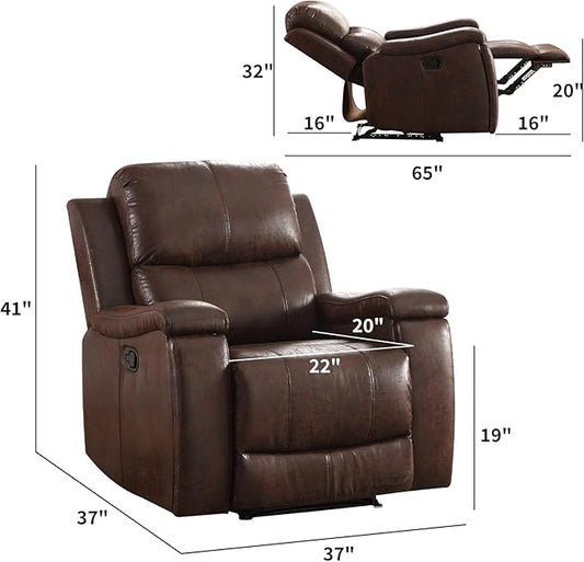 CANMOV Leather Recliner Chair Set of 2, Classic and Traditional Manual Recliner Chair with Overstuffed Arms and Back, Manual Single Sofa with Concealed Cup Holders,Red Brown