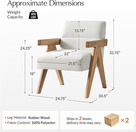 HULALA HOME Modern Accent Chair, Upholstered Arm Chair with Solid Wood Frame, Comfortable Padded Seat and Back, for Living Room, Bedroom Set of 2, Ivory