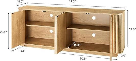 LKTART 64" Sideboard Buffet Cabinet with Storage, Wooden Fluted Storage Cabinet Sideboard Credenza with Adjustable Shelves Pressed Spring for Kitchen Living Room (Natural Oak)