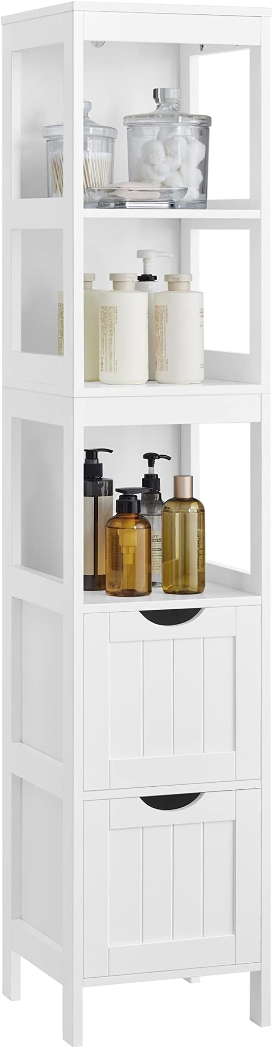 VASAGLE Storage Cabinet, Storage Organizer Rack Stand for Bathroom, Living Room, Bedroom, Multifunctional Corner Unit, 2 Drawers, 55.7 Inches in Height, White UBBC66WT